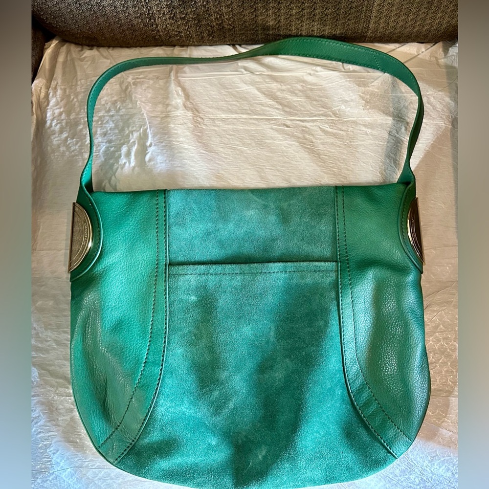 B. Makowsky Teal Leather Handbag with Leopard Print Interior